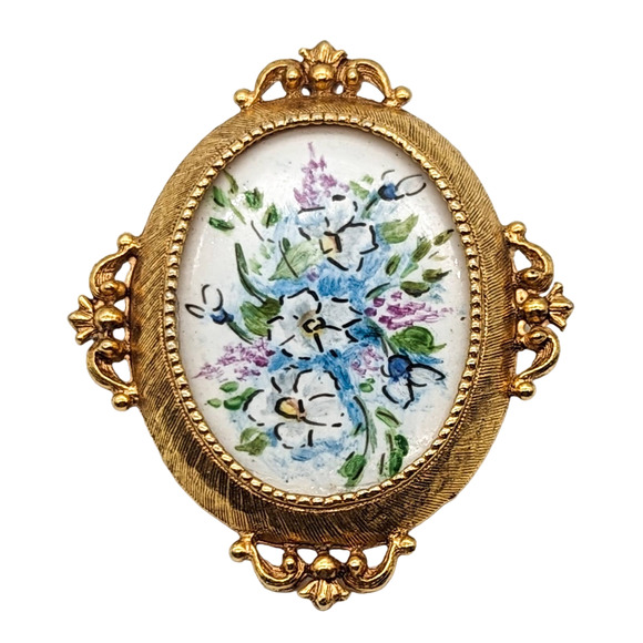 Vintage Florenza Gold Tone Floral Hand Painted Porcelain Brooch Pendant - Picture 1 of 8
